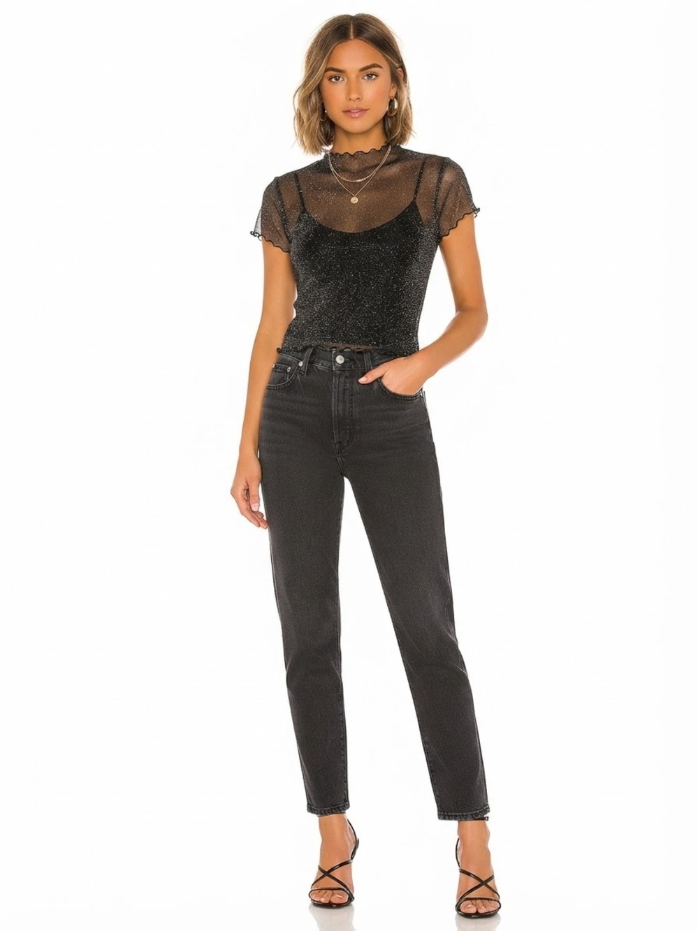 Topshop Black Sheer Metallic Lettuce-Edge Short Sleeve Tee